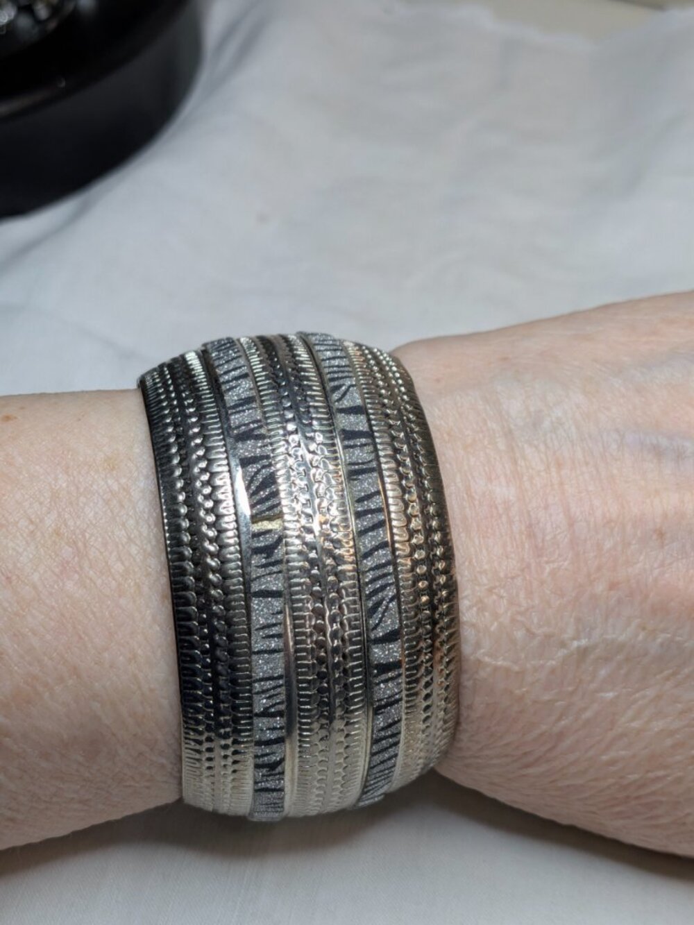 Vintage Silver Tone Wide Etched Cuff Bracelet